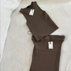 Brown Ribbed Sleeveless Top and Skirt Set